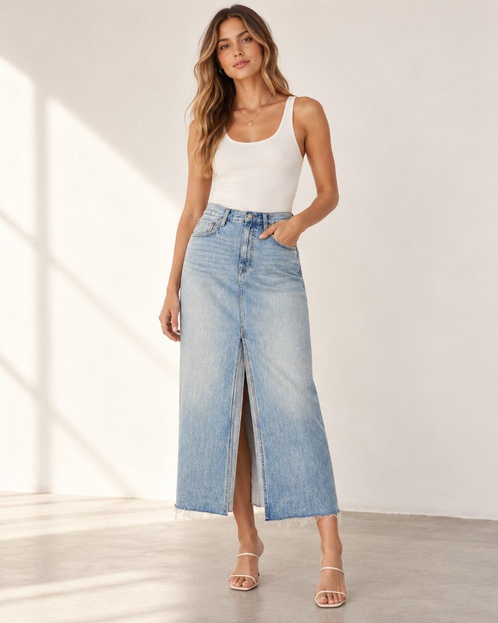 90s Minimalist Pistola Alice High Rise Denim Midi Skirt Brooklyn Light Wash 31
